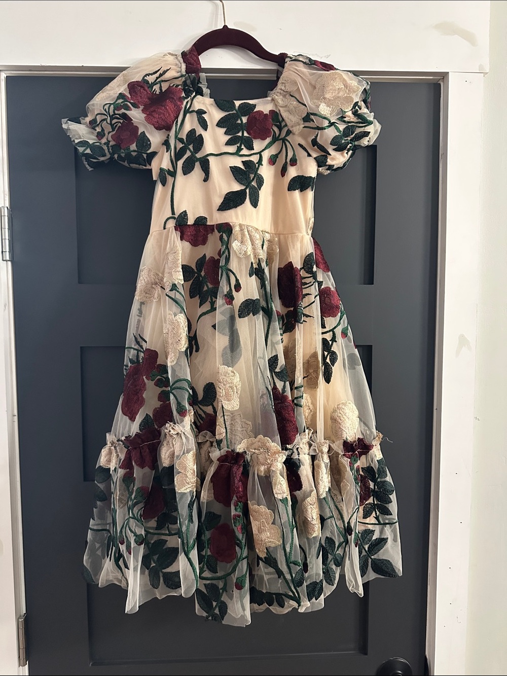 Ivy City Co Cream Floral Embroidered Puff-Sleeve Dress with Burgundy Roses